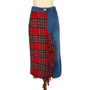 Athina Mixed Media Blue Denim Red Plaid Kilty Fringe Midi Skirt Women’s Fits S/M